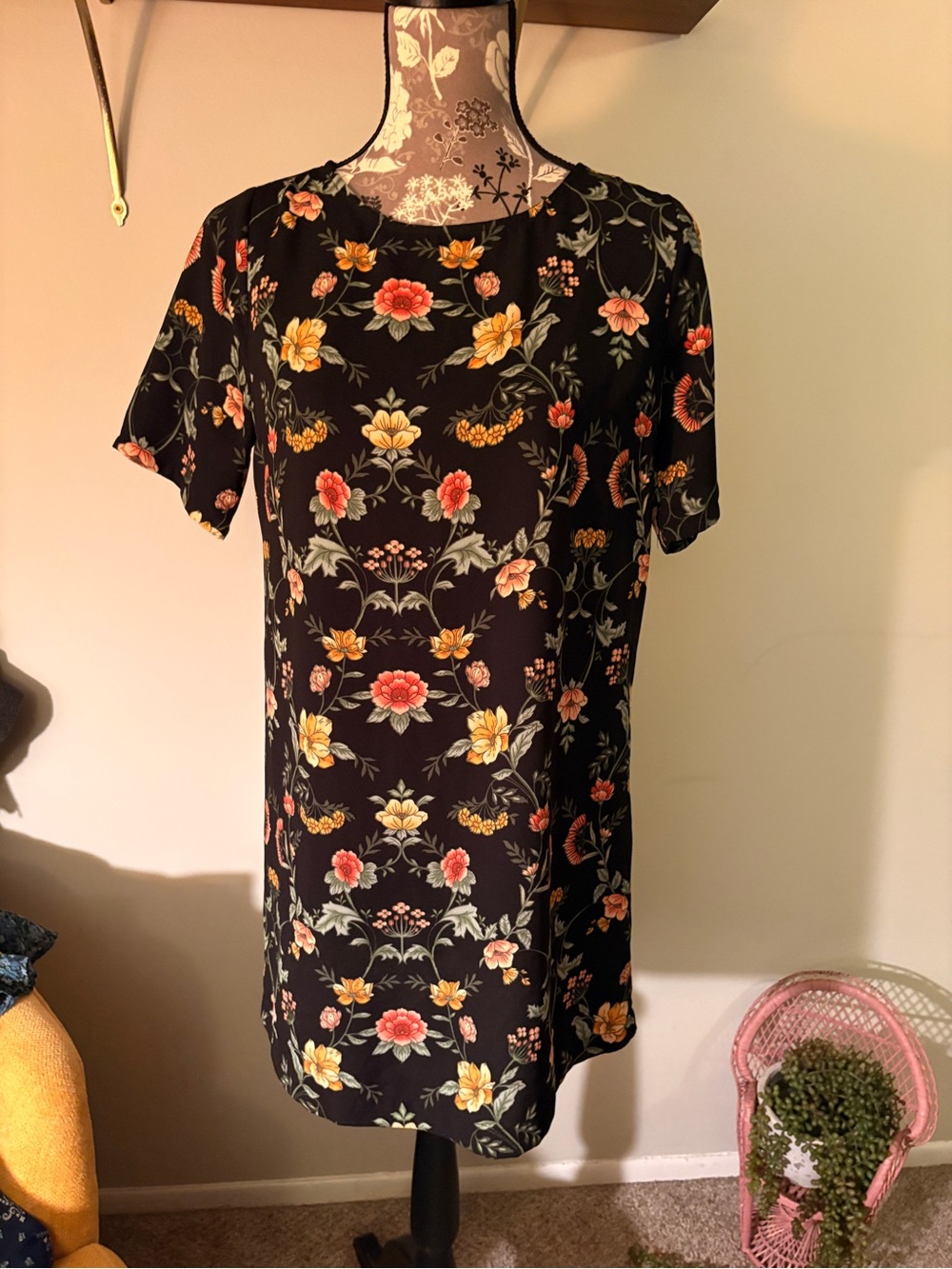 Forever 21 Black Floral Short-Sleeve Shift Dress with Coral & Yellow Blooms